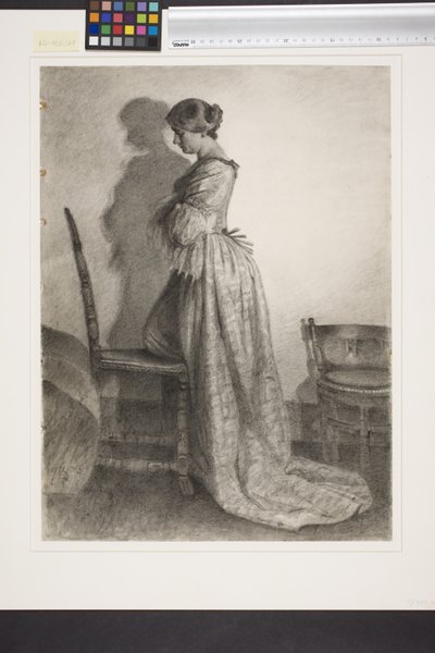 Marie Grubbe, poco después del divorcio de Ulrik Frederik Gyldenløve. Figura completa de pie de perfil hacia la izquierda de Kristian Zahrtmann