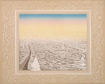 Vista aérea de Londres enmarcada en un borde decorativo de Kronheim and Co