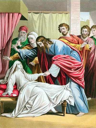 Cristo resucitando a la hija de Jairo, gobernador de la sinagoga, de entre los muertos, c1860 de Kronheim and Co