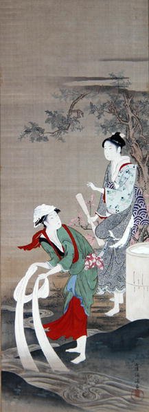 Two Beauties at the Crystal River in Mishima (tinta, gofun y color sobre seda) de Kubo Shumman