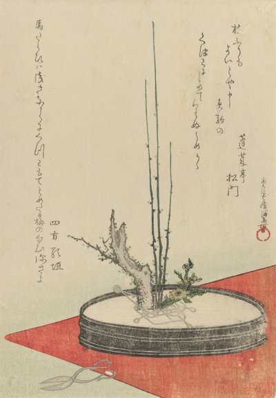 Arreglo de Ciruela, Flor de Fukujuso Adonis y Tijeras, 1798 de Kubo Shunman