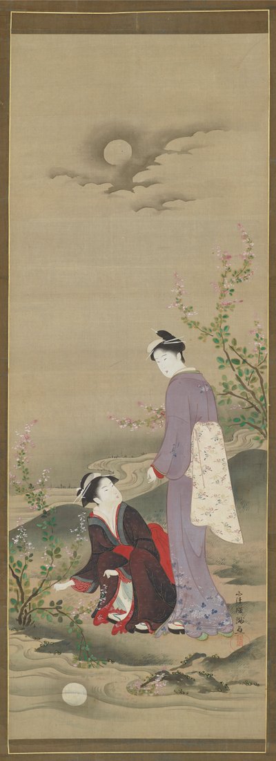 Otoño: Dos mujeres mirando el reflejo de la luna, principios del siglo XIX de Kubo Shunman