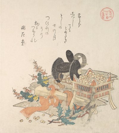 Frijoles para lanzar durante la ceremonia de exorcismo Setsubun..., 1810s de Kubo Shunman