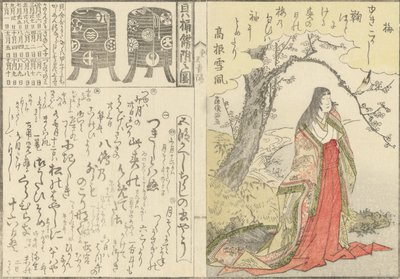 Dama de la corte bajo un viejo ciruelo, dos gabinetes de laca para el juego de emparejar conchas, 1793 de Kubo Shunman