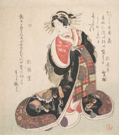 Cortesana vestida con un elaborado vestido bordado con emblemas de buena suerte, ca. 1800 de Kubo Shunman