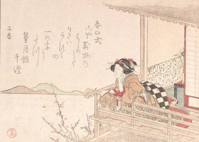 Cortesana apoyada en la barandilla de una veranda, probablemente 1816 de Kubo Shunman