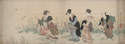 Cuatro chicas y un sirviente disfrutando de flores silvestres y mariposas. de Kubo Shunman