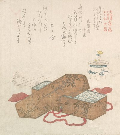 Buzón con carta y flor en maceta de Kubo Shunman