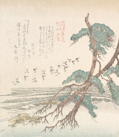 Paisaje costero con pinos y grullas voladoras, siglo XIX de Kubo Shunman