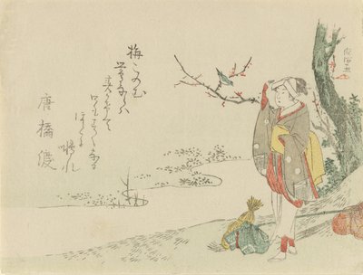 Mujer viajera se detiene a escuchar a un reyezuelo, 1797 de Kubo Shunman