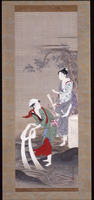 Two Beauties At The Tamagawa (Crystal River) In Mishima (tinta, gofun y color sobre seda) de Kubo Shunman