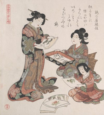 Dos mujeres y una niña mirando pinturas, probablemente 1815 de Kubo Shunman