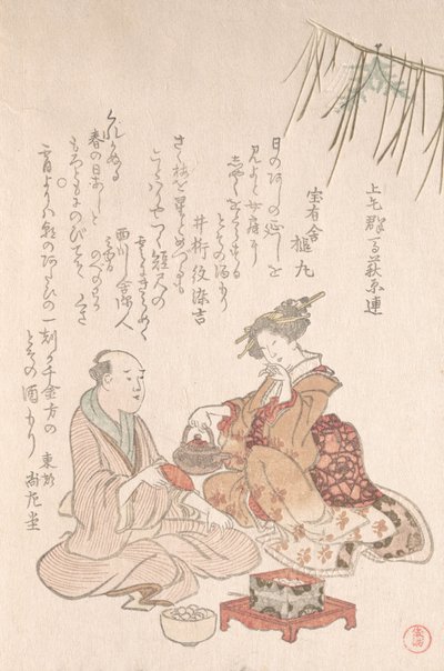 Mujer entreteniendo a su invitado con vino de Año Nuevo, finales del siglo XVIII-principios del XIX de Kubo Shunman