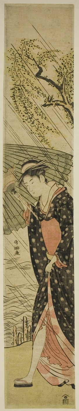 Joven caminando por la orilla del río bajo la lluvia de Kubo Shunman