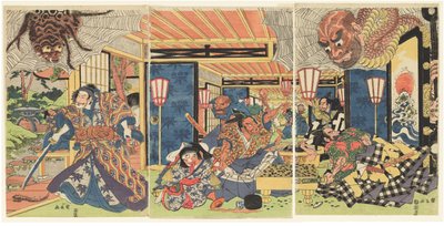 Minamoto no Yorimitsu y sus seguidores derrotan a la araña de tierra, c. 1804-1818 (xilografía (nishiki-e); tinta y color sobre papel) de Kuninaga Utagawa