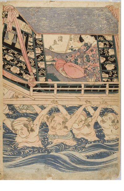 Escena primaveral de mujeres jóvenes en un viaje, c.1786-1864 de Kuninaga Utagawa