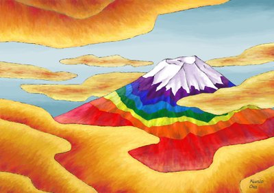 El monte Fuji con los colores del arco iris entre las nubes , 2023 (pintura digital) de Kunio Ota