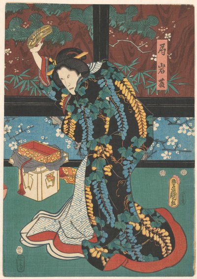 Escena de la obra La montaña del espejo Dama de honor Iwafuji con sandalia en la mano de Kunisada (I) , Utagawa