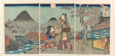 La luna reflejada en los arrozales de Shinano Shinshû tagoto no tsuki (título sobre objeto) de Kunisada (II) , Utagawa