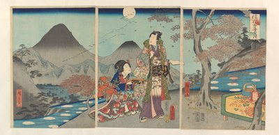 La luna reflejada en los arrozales de Shinano Shinshû tagoto no tsuki (título sobre objeto) de Kunisada (II) , Utagawa