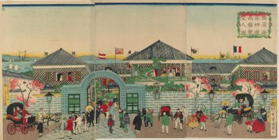 Imagen de la Prosperidad de los Establecimientos Mercantiles a lo largo de Nakadouri en Yokohama, era Meiji, 1870 de Kuniteru II Utagawa