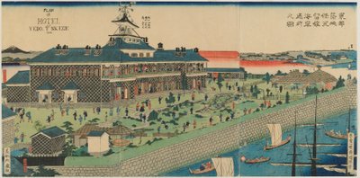 El jardín junto al mar del Hotel Tsukiji en la capital oriental, era Meiji, 1868 de Kuniteru II Utagawa