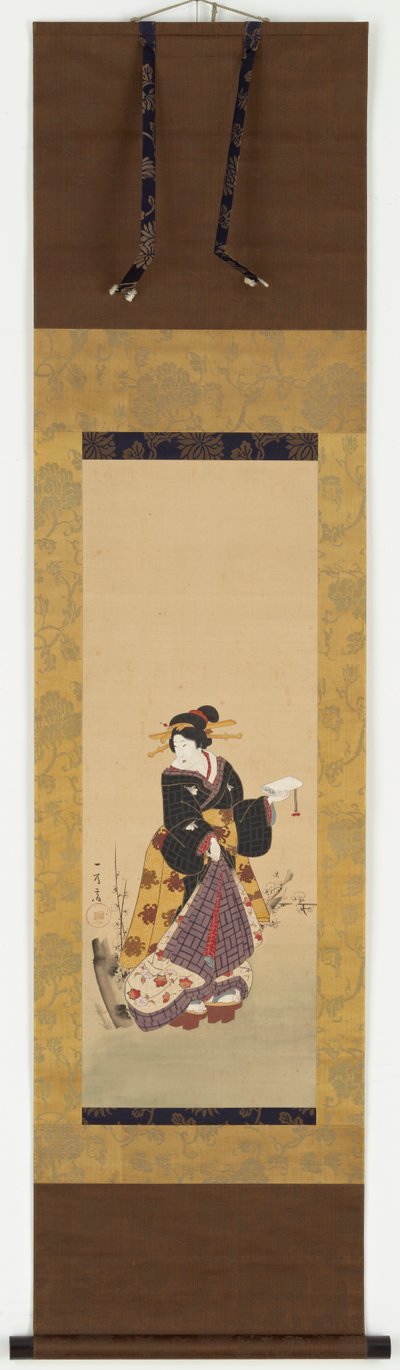 Una Oiran de pie junto a un ciruelo de Kuniyuki Utagawa