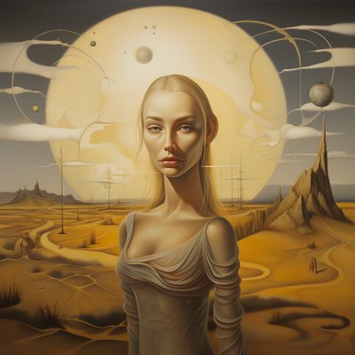Mujer sami de 35 años con luna creciente, sonrisa misteriosa, cara y cuerpo ligeramente girados, pelo rubio largo 2 de Kurt Heppke