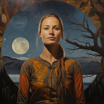 Mujer sami de 35 años con luna creciente, sonrisa misteriosa, cara y cuerpo ligeramente girados, pelo rubio largo 3 de Kurt Heppke