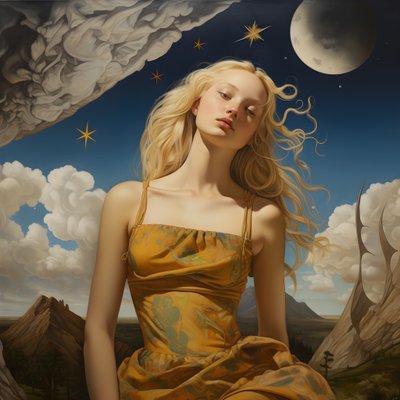 Mujer sami de 35 años con luna creciente, sonrisa misteriosa, cara y cuerpo ligeramente girados, pelo largo rubio 4 de Kurt Heppke