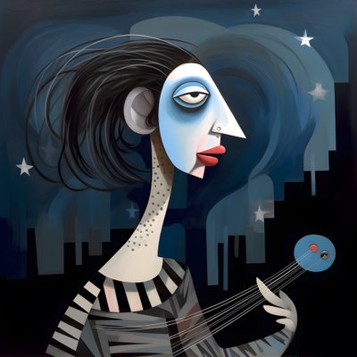 3D mujer trovadora con su guitarra en la noche de luna luces 3 de Kurt Heppke