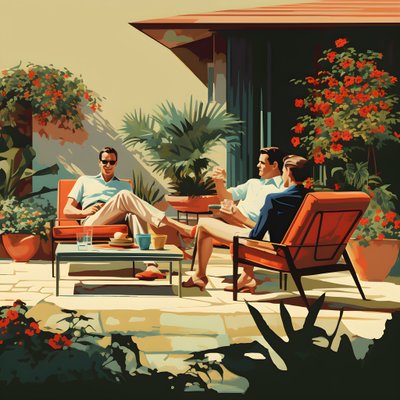 3 amigos relajándose en el jardín con una copa o 2 2 de Kurt Heppke