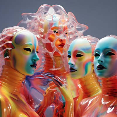 6 mujeres con máscaras 3d paramétricas de plástico fluorescente en una arquitectura futura surrealista y paramétrica, 2 de Kurt Heppke