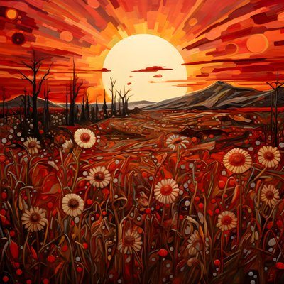 Paisaje abstracto con un campo de flores silvestres y un llamativo sol rojo. 3 de Kurt Heppke