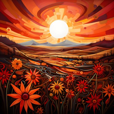 Paisaje abstracto con un campo de flores silvestres y un llamativo sol rojo. 4 de Kurt Heppke