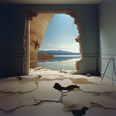 Una imagen de una habitación sin usar con el lago masivo y el desierto en un agujero enorme futurecore, alto contraste claroscuro tonos cálidos 2 de Kurt Heppke