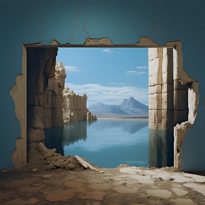 Una imagen de una habitación sin usar con el lago masivo y el desierto en un agujero enorme futurecore, alto contraste claroscuro tonos cálidos 4 de Kurt Heppke