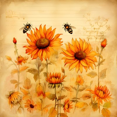 Girasoles en acuarela y siluetas de abejas rellenas de poemas otoñales escritos a mano 1 de Kurt Heppke