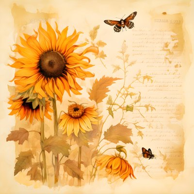 Girasoles en acuarela y siluetas de abejas rellenas de poemas otoñales escritos a mano 3 de Kurt Heppke