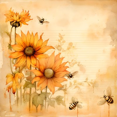 Girasoles en acuarela y siluetas de abejas rellenas de poemas otoñales escritos a mano 4 de Kurt Heppke