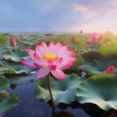 Grandes y hermosas flores de loto florecen en la superficie clara del agua, hojas verdes de loto y rocío sobre las flores de loto. La puesta de sol brilla en la superficie del agua 1 de Kurt Heppke