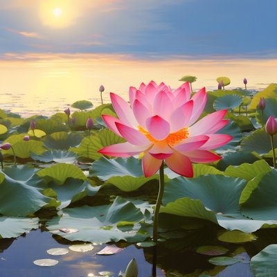 Grandes y hermosas flores de loto florecen en la superficie clara del agua, hojas verdes de loto y rocío sobre las flores de loto. La puesta de sol brilla en la superficie del agua 2 de Kurt Heppke