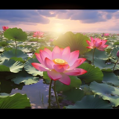 Grandes y hermosas flores de loto florecen en la superficie clara del agua, hojas verdes de loto y rocío sobre las flores de loto. La puesta de sol brilla en la superficie del agua 3 de Kurt Heppke