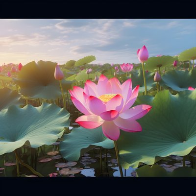 Grandes y hermosas flores de loto florecen en la superficie clara del agua, hojas verdes de loto y rocío sobre las flores de loto. La puesta de sol brilla en la superficie del agua 4 de Kurt Heppke