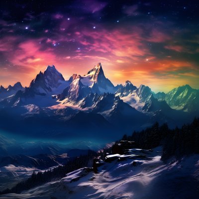 Las cumbres nevadas de los Alpes brillan como un arco iris en la noche 1 de Kurt Heppke