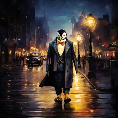Un pingüino con traje camina por la calle 3 de Kurt Heppke