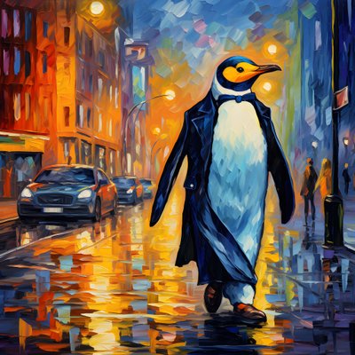 Un pingüino con traje camina por la calle 4 de Kurt Heppke