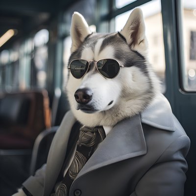 Un perro Husky siberiano con traje y gafas de sol en la estación de autobuses, como un caballero 1 de Kurt Heppke