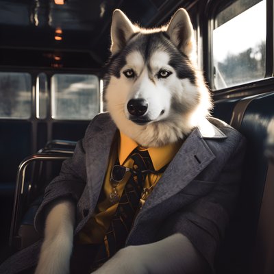 Un perro Husky siberiano con traje y gafas de sol en la estación de autobuses, como un caballero 4 de Kurt Heppke