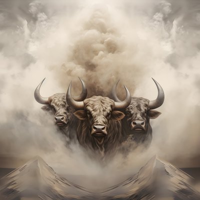 Pintura abstracta fractal sobre lienzo, textura beige-blanco-humo. 3 toros negros emergiendo del humo con el monte Ararat en el horizonte. Poses que recuerdan a los toros de Wall Street en Nueva York. 1 de Kurt Heppke